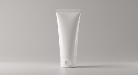 White cosmetic tube on gray background. Minimalist skincare product packaging. Clean beauty concept. Blank label for branding. Sunscreen or moisturizer container mockup.
