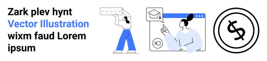 Person writing at whiteboard, online communication with graduate cap symbol, currency icon. Ideal for education, teamwork, communication, training, technology, finance abstract line flat metaphor