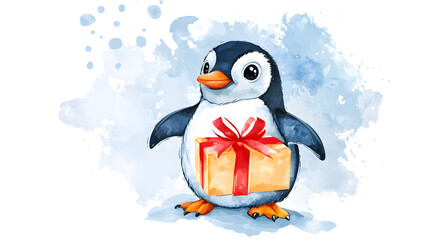 Obraz premium Charming Watercolor Cartoon Penguin Holding a Gift - Festive Vector Illustration