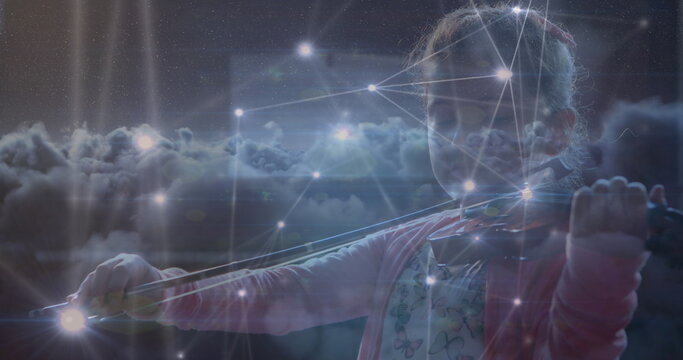 Playing violin, child with digital network overlay, creating futuristic atmosphere - Powered by Adobe