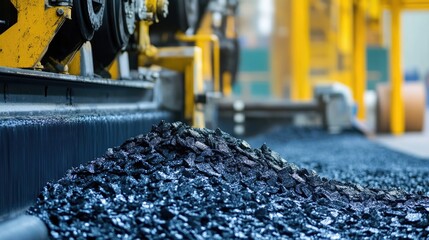 Rubber granules being processed into durable flooring and industrial applications.