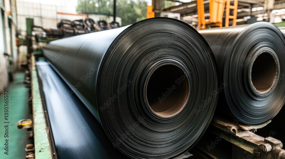 Poster rubber sheets rolling through an automated conveyor system in a large-scale processing facility.