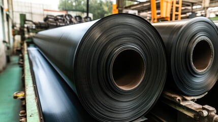 Rubber sheets rolling through an automated conveyor system in a large-scale processing facility.