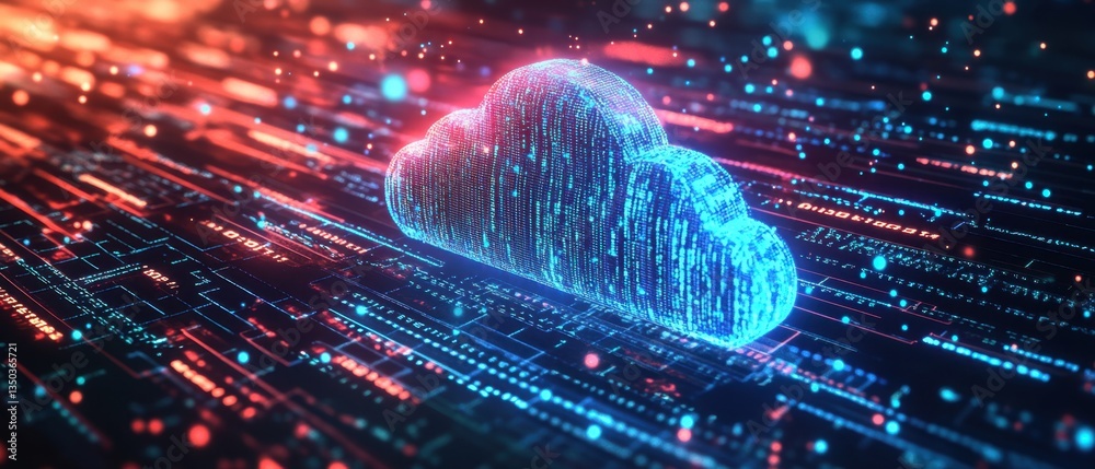 Poster digital technology background with a glowing cloud and binary code, featuring the concept of digital
