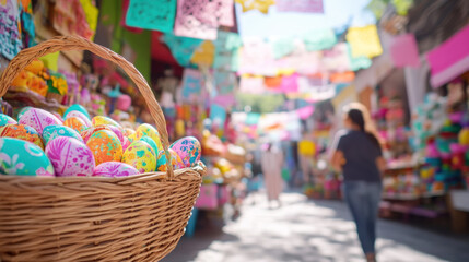 Obraz premium Vibrant mexican street market with colorful crafts and decorations