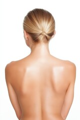 Back view of a woman with tied blonde hair and glowing skin, portraying a clean and healthy beauty concept. Keywords:
