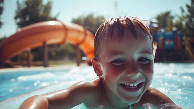 A smiling child swims in a pool, splashing water and having fun. Colorful water slides are visible in the background. It's a bright summer day filled with laughter