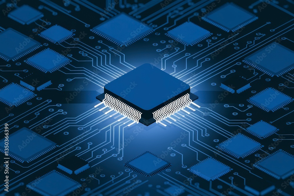 Poster futuristic microchip design featuring interconnected circuits and a blue color scheme.
