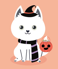 Flat Design Illustration with White Cat wearing Magic Hat and Scarf, Bag Candy