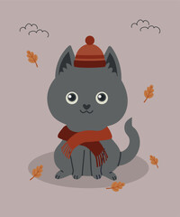 Flat Design Fall Illustration with Gray Cat wearing Hat and Scarf	