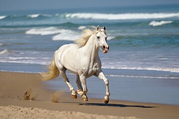 Beautiful white horse galloping along a sandy beach under a clear blue sky