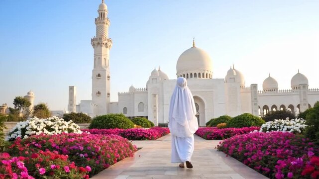 woman in mukena walking through vibrant gardens towards a grand mosque with intricate domes and tall minaret&mdash;showcasing Islamic architectural elegance and serenity.