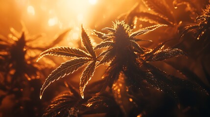 Mature cannabis plants bathed in warm sunlight