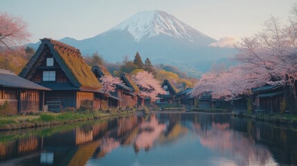 Fototapeta premium old traditional shirakawago japanese village with pink blooming cherry blossom trees at Mount Fuji countryside of Japan.
