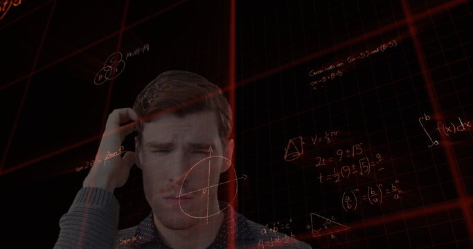 Confused man solving complex math equations on virtual screen, deep in thought - Powered by Adobe