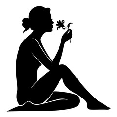 Silhouette of a woman sitting and smelling a flower in her hand against a white background art