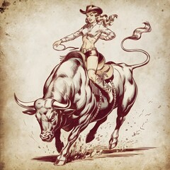 A cowgirl riding a bull with a lasso in a vintage style illustration on a parchment background