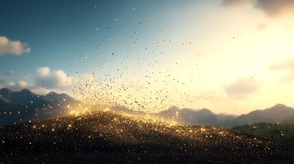 Fototapeta premium Golden Dust Explodes for Mountain Sunset.