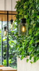 Fototapeta premium Vertical composition of lush green plant wall with hanging lights