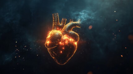 digital illustration of human heart with eletric activity, flashes and light, black background