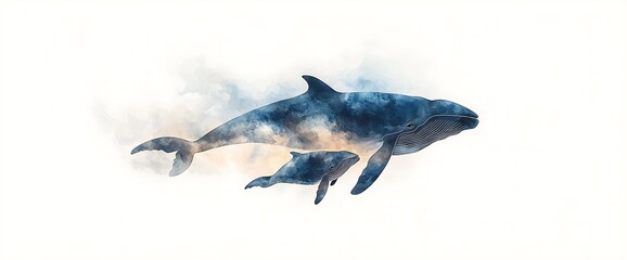Fototapeta premium Whale mother and calf, watercolor style