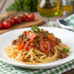 Italian Spaghetti with Meat Sauce, A delicious plate of Italian-style spaghetti with rich, meaty tomato sauce, garnished with fresh basil