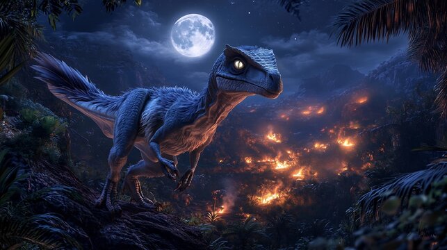 Cunning Troodon navigating moonlit prehistoric landscape large eyes gleaming intelligence sleek feathered body adapted swift movement while eerie glow of distant fires flickers against darkened jungle