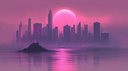 Obraz premium Pink Cityscape at Sunset: Futuristic Metropolis by the Sea