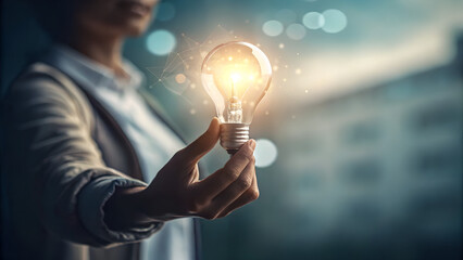 A person hand holding a glowing light bulb, a new idea, abstract, blurred background