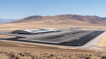 An aerial view of a runway and airport in a desert