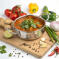 Spicy Chickpea Curry with Fresh Ingredients, A rich and spicy chickpea curry served in a stainless steel pot, surrounded by fresh ingredients