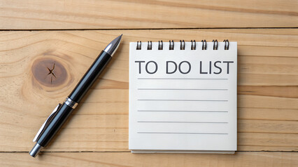 Pen near small notepad with "to do list" written on it, on wooden background