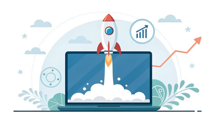 Startup concept with rocket launch symbol on digital screen of laptop with rising arrows on white background