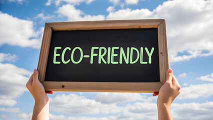 Woman's hand outdoors holding framed board with text "eco-friendly" on blue cloudy sky background