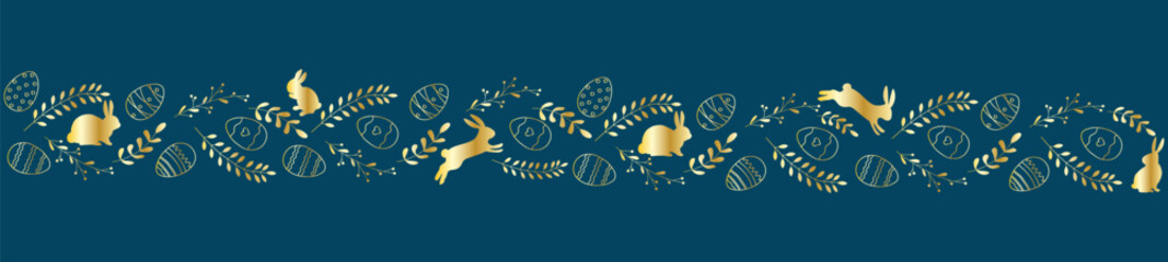 Beautiful border with Easter eggs composition. Horizontal string, ribbon. Holiday design for invitation, banner, greeting card