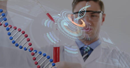 Scientist analyzing DNA sequence with futuristic digital interface in laboratory