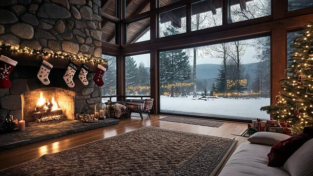Inviting Interior Cabin Scene with a Cozy Fireplace and Christmas Tree View Snowy