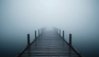 Misty Wooden Pier on Calm Water Ethereal Foggy Dock Tranquil Lake Scene Serene Morning Mist Peaceful Outdoors Nature Landscape