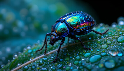 Fototapeta premium Iridescent Beetle on Dewy Leaf Nature Photography Macro Insect Wildlife Colorful Vibrant Detailed Close Up