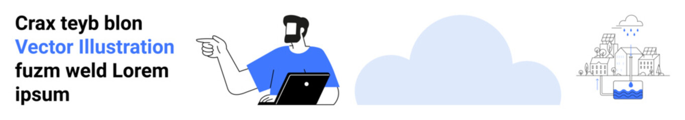 Businessman working on laptop pointing at connected digital cloud and water facility icon. Ideal for technology, business, computing, cloud storage, data management, sustainability, flat landing page