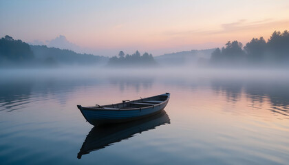 Serene morning mist on a calm lake with a lonely boat perfect for travel and leisure activities