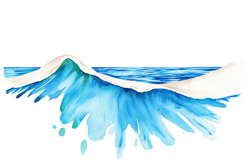 Fototapeta premium A vibrant watercolor depiction of a crashing wave with splashes, showcasing rich blue and white tones.