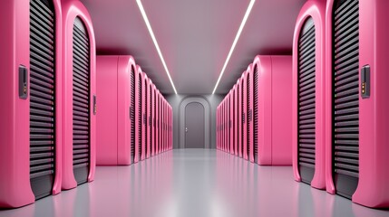 Pink Server Racks in a Modern Data Center Hallway