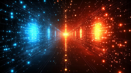 Fototapeta premium digital representation of a smart city with abstract dots connected by gradient lines and wave-like designs, symbolizing the connection of big data and technological advancements in urban environments