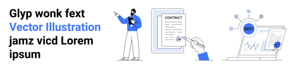 Man explaining document, pen signing contract, and laptop displaying analytics. Ideal for business, e-signature, digital workflow, office tech, corporate strategy, paperwork simple landing page