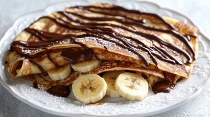 A delicious crepe dessert topped with chocolate and bananas slices