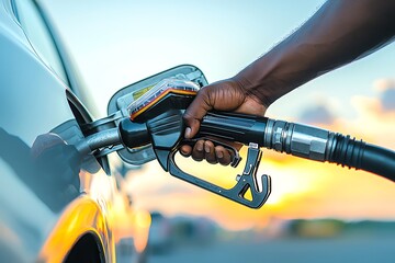 Hand fueling car at sunset.