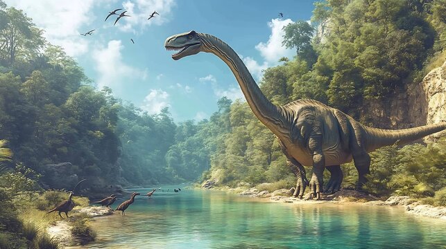 Breathtaking Mamenchisaurus standing near crystal clear river astonishingly long neck extending toward canopy prehistoric landscape alive birds and other creatures thriving in the ancient ecosystem