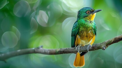 African emerald cuckoo perched a delicate rainforest branch radiant emerald and gold feathers shining soft blurred background professional sharpness