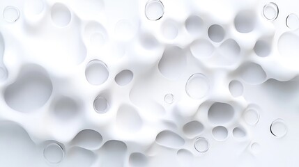 Abstract white organic shapes with holes.  A dynamic, flowing pattern of soft, rounded forms in white, with irregular voids and circles